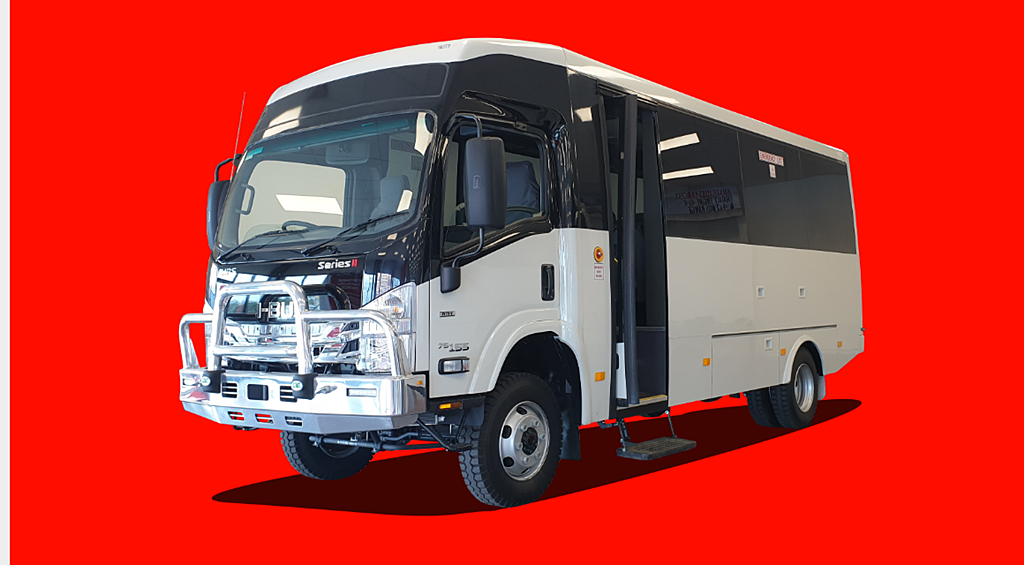 Product image - Buses are uniquely designed to handle the harshest of terrains and show superior performance off-road. Fiberglass and composite construction methods allow these vehicles to operate in extremely corrosive conditions.  Truck Chasses Available:
   - Isuzu from 19 seats
   - Hino GT up to 38 seats
   - MAN TGM up to 38 seats
   - Scania, Mercedes Arocs are also available