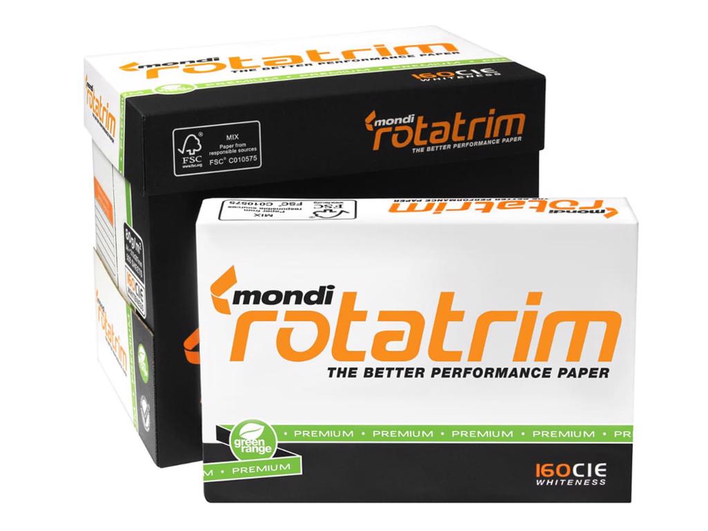 Product image - Mondi Rotatrim is a multifunctional office paper and runs smoothly through photocopiers, laser and inkjet printers.

Benefits

High whiteness
High opacity
Excellent bulk
Uncoated for optimum toner usage
Smooth surface for excellent runnability
Outstanding texture. Grammage
80 g/m2

Format
A4
A3

Colour
White

Certificates
FSC™, ISO 9706, ISO 14001, ISO 18001, ISO 9001