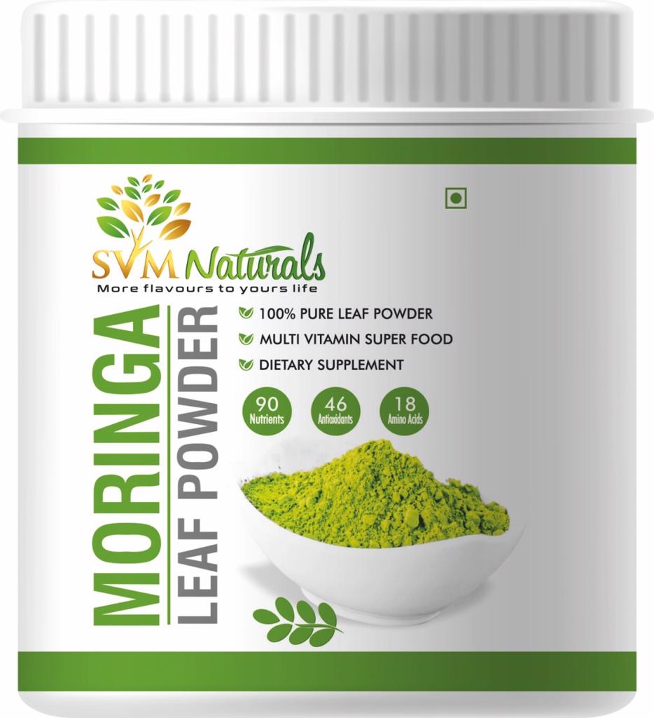 Product image - Our SVM Exports Moringa leaves are carefully washed and dried at low temperature and then powdered.  We maintain the  level of temperature on the process of Drying and powdering  process to retain the  colour and Nutritive values of Powder.   The leaf powder is rich in vitamins, phyto nutrients, antioxidants, amino acids and is easily soluble in water. 
Botanical name:Moringa Oleifera                                 