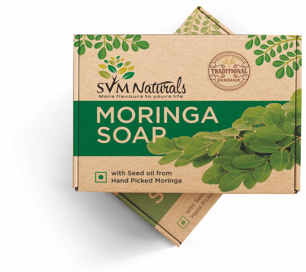 Product image - Our SVM Exports MORINGA SOAP Rich lather Detoxify while cleansing Anti-inflammatory and antiseptic Anti-aging This 100% NATURAL pure moringa soap is rich with in vitamin A and C as well as unsaturated fatty acids that keep skin soft and toned. Daily use is proven effective for whiter, healthier and more radiant skin.