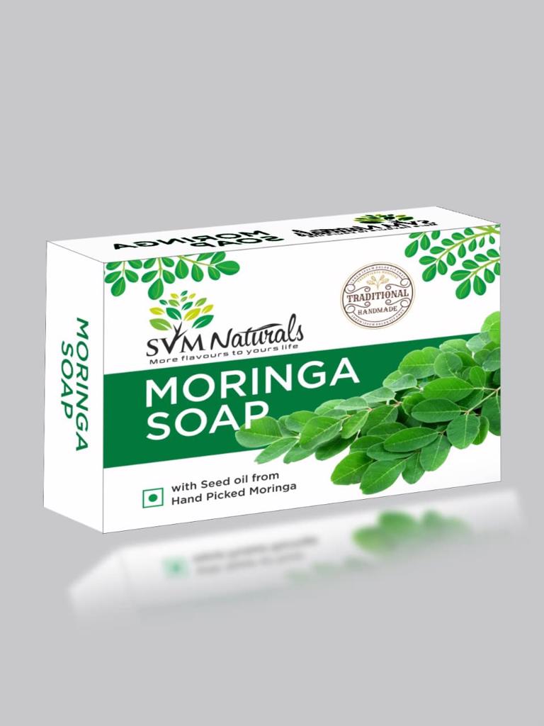 Product image - "Our SVM Exports MORINGA SOAP Rich lather Detoxify while cleansing Anti-inflammatory and antiseptic Anti-aging This 100% NATURAL pure moringa soap is rich with in vitamin A and C as well as unsaturated fatty acids that keep skin soft and toned. Daily use is proven effective for whiter, healthier and more radiant skin.Combined together to moisturize, stimulate the skin and cleanse the body, it provides a rich lather a