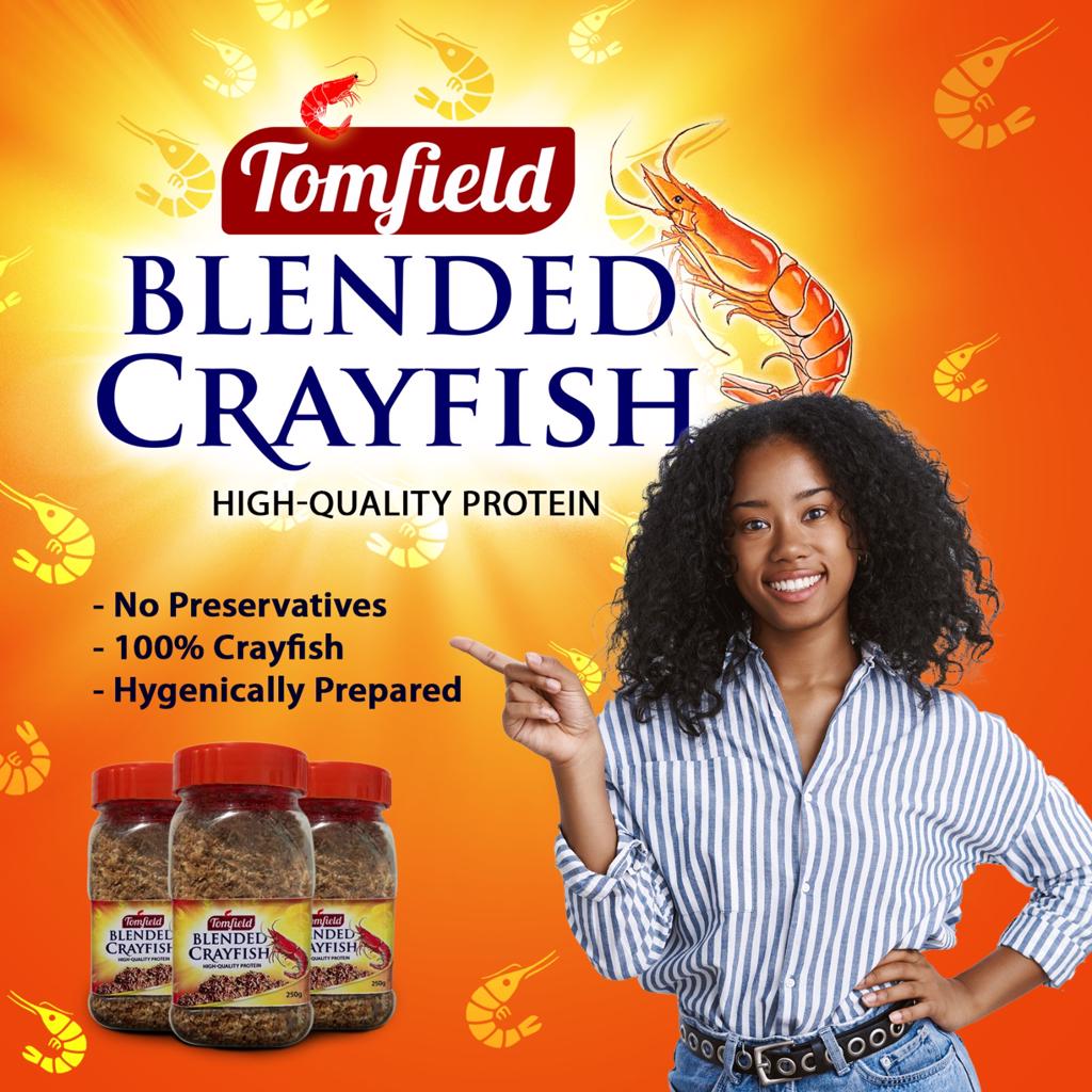Product image - Tomfield Blended Crayfish is a pure and original crayfish from Niger- Delta Nigeria in Africa dried and blended,  and highly hygienic packaged for quick use during food preparations; it is highly proteins ingredient for food, added no preservative or flavour.