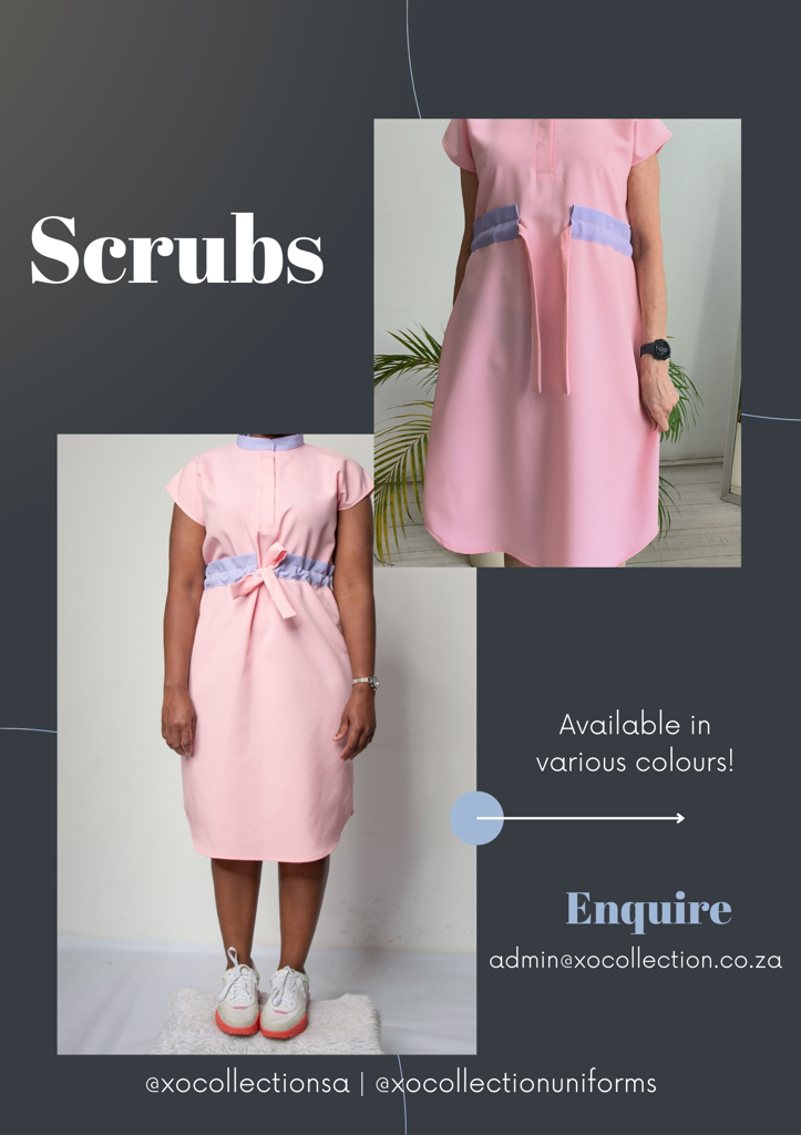 Product image - Maternity friendly adjustable scrub dress. Made from good quality, easy to care fabrics. Available in various dark or bright colours with or without contrast. Sizes range from 28 to 50.