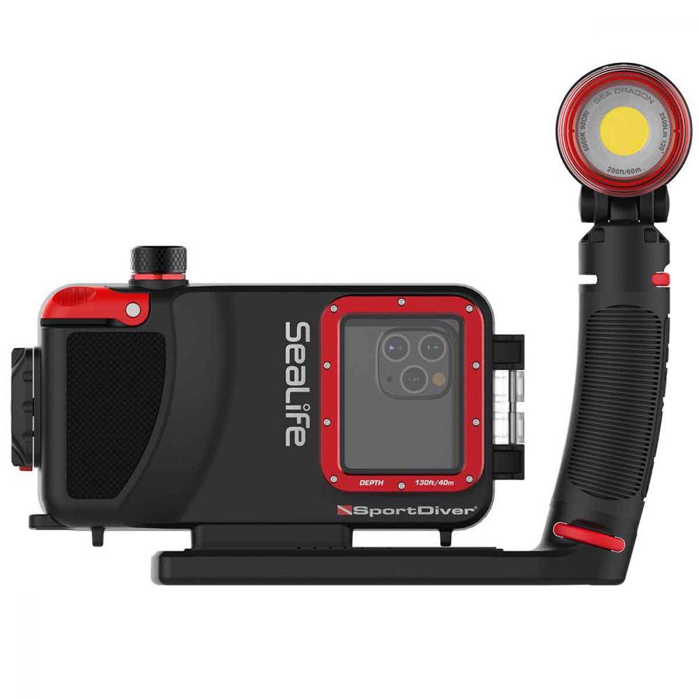 Product image - Product Description
The SeaLife SportDiver Pro 2500 Set is a compact and lightweight underwater housing for Apple’s iPhone for use down to 130 feet or 40 meters.  The SportDiver can hold the iPhone 8 through the latest iPhone 12 Pro Max models. 
The SportDiver Housing includes the 2500 Lumen “Sea Dragon” Photo-Video Light for brilliant and colorful underwater images and video, and is accompanied with a  grip and tray