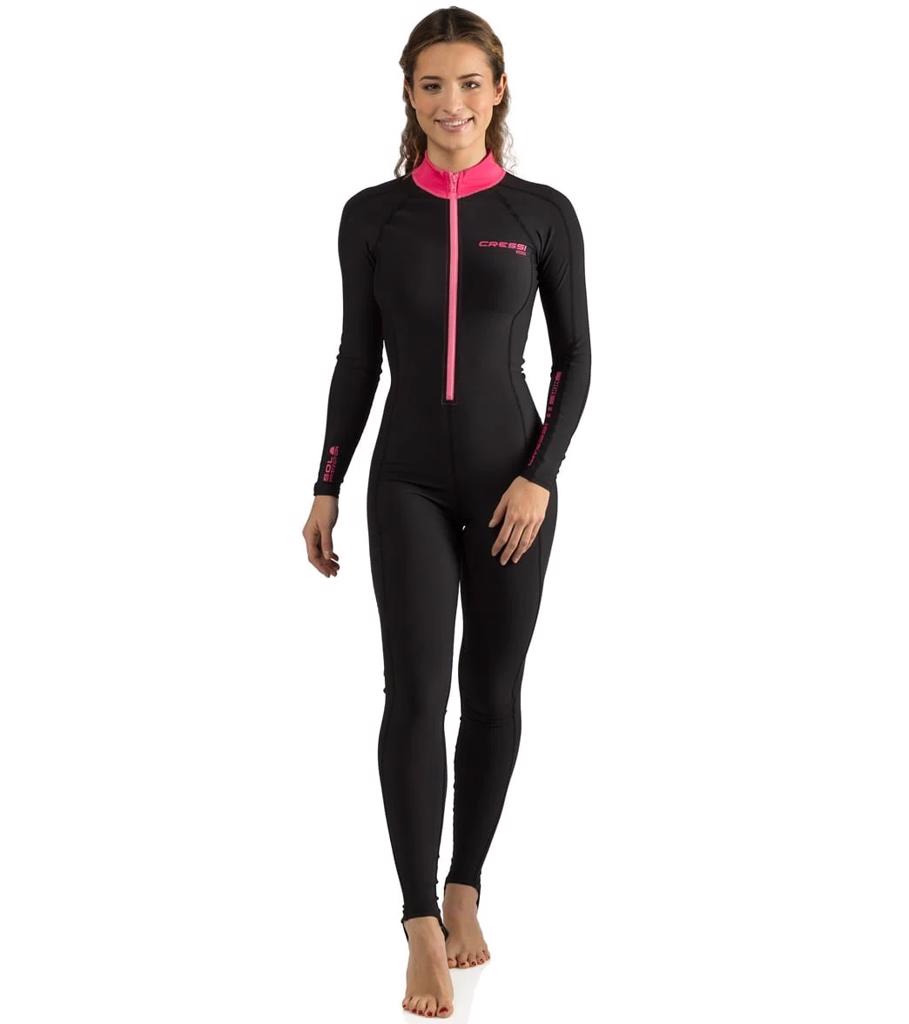 Product image - Product Description
The Cressi Skin Full Dive Suit is crafted from 1mm nylon material and is a versatile, must-have full suit for traveling divers. The high-stretch material is effortless to swim in and naturally conforms to the body to reduce drag. The skin also provides UV protection on the surface and the warmth needed for extended snorkeling or diving sessions in tropical waters.

Features
Long front zipper makes