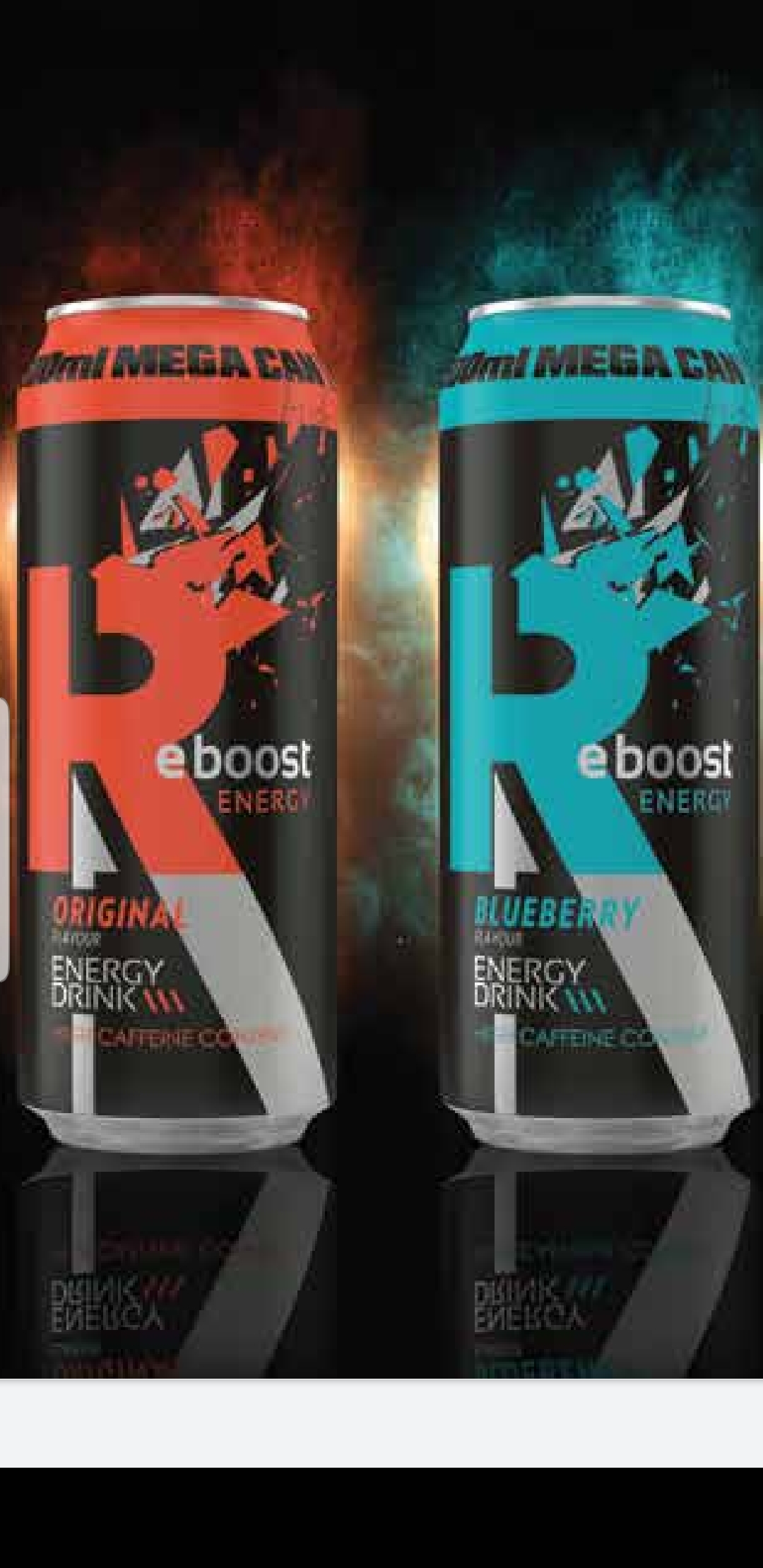 Product image - REBOOST energy drink 500ml cans .Avialable in 5 flavors namely Original, Blueberry, Citrus Blast , Fantasy Fusion and Tropical Crush. A value for money product