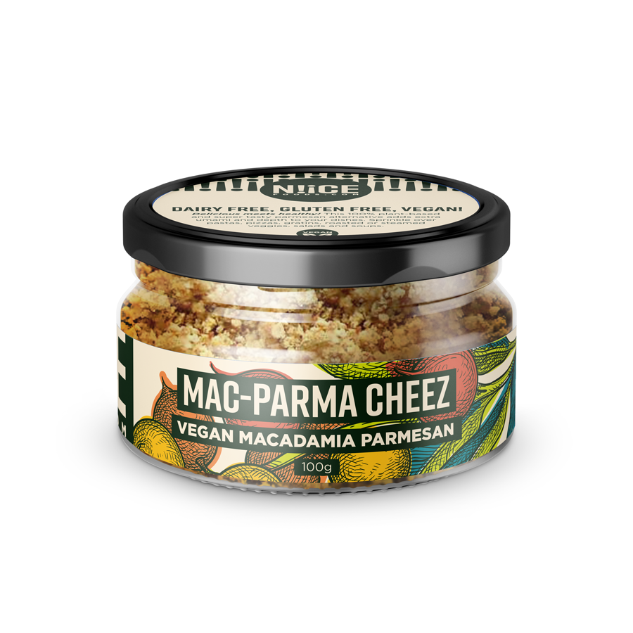 Product image - Plant based Parmesan style vegan "cheese" made from macadamia nuts, nutritional yeast spices and himalayan salt.