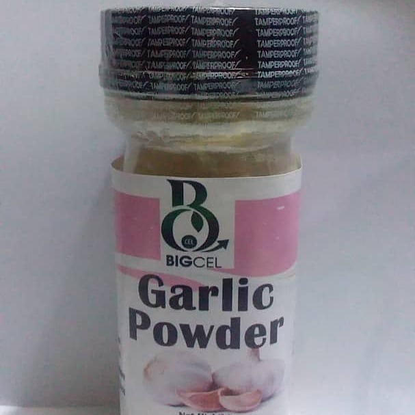Product image - 100% powdered garlic in 120grams pet containers with tamper proof. No artificial preservatives, anti coagulants or flavor. In packs of 6&12 