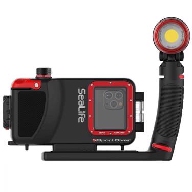 Public product photo - Product Description
The SeaLife SportDiver Pro 2500 Set is a compact and lightweight underwater housing for Apple’s iPhone for use down to 130 feet or 40 meters.  The SportDiver can hold the iPhone 8 through the latest iPhone 12 Pro Max models. 
The SportDiver Housing includes the 2500 Lumen “Sea Dragon” Photo-Video Light for brilliant and colorful underwater images and video, and is accompanied with a  grip and tray