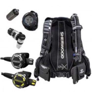 Public product photo - Product Description
Sherwood Crux Professional Package w Computer is designed with the diver in mind, the sizing is practically infinite, advanced technology contemporary styling and utilizing a multitude of cutting edge materials, and it’s packed with many more features.  

The Sherwood Crux is lightweight and streamlined in warmer waters or you can add additional trim weight pockets and dive in colder waters. This 