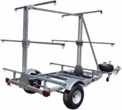Public product photo - Product Description
Product Information
Designed for commercial and larger scale kayak and canoe transports, the Malone® MegaSport™ Outfitter 3 Tier Trailer has you covered for the season! With a marine grade galvanized 11 gauge steel frame, this trailer by Malone® will last you the seasons. Its galvanized crank style jack stand with a 5.5” wheel provides easy handling, while its three tier load bar system makes load